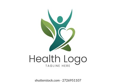 Figura humana con los brazos levantados integrados con la Plantilla verde del logotipo del Vector del corazón de la hoja