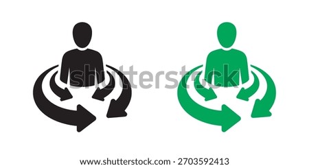 Human figure with circular arrows indicating recycling or rotation, isolated on