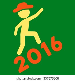 Human Figure Climbing 2016 vector icon. Style is bicolor flat symbol, orange and yellow colors, rounded angles, green background.