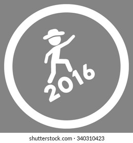 Human Figure Climbing 2016 vector icon. Style is flat circled symbol, white color, rounded angles, gray background.