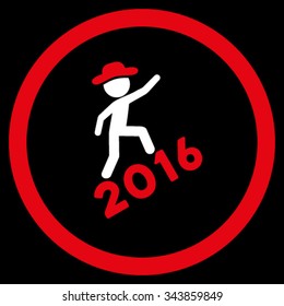 Human Figure Climbing 2016 vector icon. Style is bicolor flat circled symbol, red and white colors, rounded angles, black background.