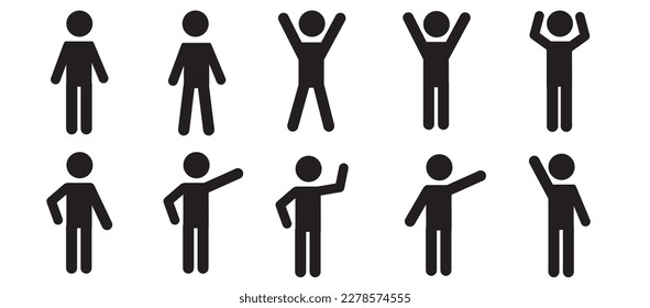 A human figure with different poses and gestures, a set of icons. Pictogram of a human silhouette waving his arms. Isolated on a white background.