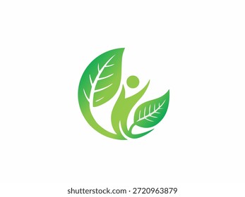 Figura humana abrazada por dos hojas verdes, transmitiendo temas de eco-amigabilidad, unidad y bienestar natural.