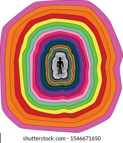 A human figure emitting a color impulse. Small people in his eyes