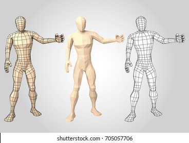 Human figure featuring or presenting something. Wireframe. Lowpoly. Wire mesh. Vector illustration