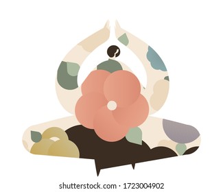 Human figure with flowers inside. A woman in the lotus position practices meditation and yoga. Vector illustration flat design. Use in web projects and applications and printing.