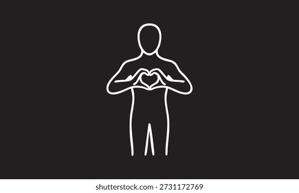 Menschliche Gestalt, die mit ihren Händen eine Herzform bildet. Einfaches Vektorsymbol, das Liebe, Selbstversorgung, Empathie und emotionales Wohlbefinden symbolisiert