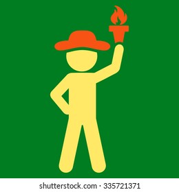 Human Figure With Freedom Torch vector icon. Style is bicolor flat symbol, orange and yellow colors, rounded angles, green background.