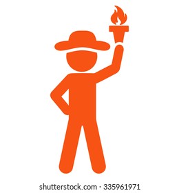 Human Figure With Freedom Torch vector icon. Style is flat symbol, orange color, rounded angles, white background.