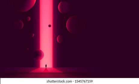 Human figure in front of portal to another dimension, space gate with a bright pink glow and flying balls, futuristic abstraction