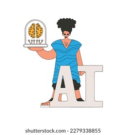 Una figura humana que agarra un cerebro de IA robótica, una ilustración vectorial.
