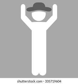 Human Figure Hands Up vector icon. Style is bicolor flat symbol, dark gray and white colors, rounded angles, silver background.