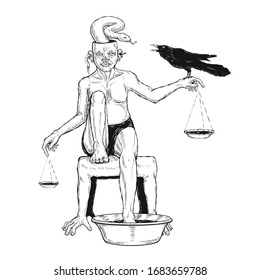 human figure hang on libra sit on the chair and put on the foot in water pot. snake come out from head and hand hold a black raven. hand draw illustrator vector. tattoo design. black and white art.