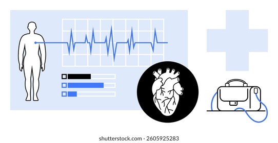 Human figure with heart rate monitor, heart graphic, data bars, medical cross, and doctor s bag. Ideal for healthcare, medical studies, cardiology, hospital management, health monitoring