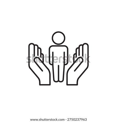 Human figure held by protective hands for security and care. Life assurance and patient safety concept vector icon.