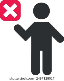 Menschliche Figur, die eine Abbruchtaste hält, die Ablehnung oder Absage symbolisiert.
