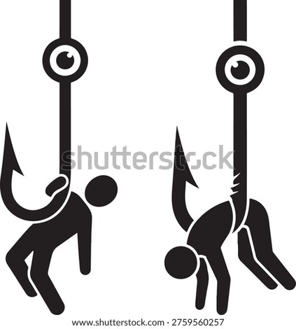 Human figure hooked, danger concept, falling posture, isolated white background