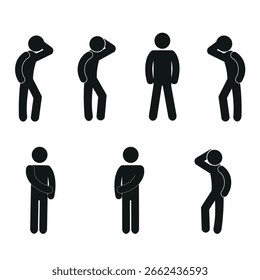  human figure icon, set of human figures in different poses, stick man standing, thinking, isolated on a white background