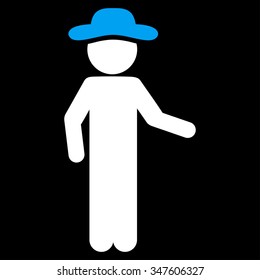 Human Figure Invitation vector icon. Style is bicolor flat symbol, blue and white colors, rounded angles, black background.