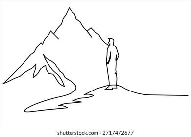 Human Figure Looking at Mountain Peak One Line Drawing