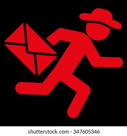 Human Figure Mail Courier vector icon. Style is flat symbol, red color, rounded angles, black background.