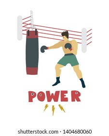 Human figure in motion Strong man stand with boxing gloves and pinching bag,  vector flat illustration