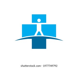 human figure neagtive space inside blue health cross	