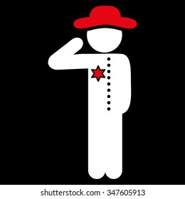 Human Figure Officer vector icon. Style is bicolor flat symbol, red and white colors, rounded angles, black background.
