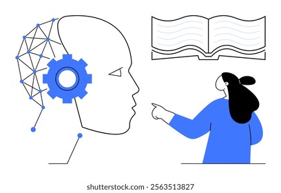 A human figure points at an open book while a symbolic, human-like face with a gear and network connections represents AI. Ideal for education, artificial intelligence, technology, digital learning