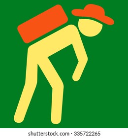 Human Figure Porter vector icon. Style is bicolor flat symbol, orange and yellow colors, rounded angles, green background.