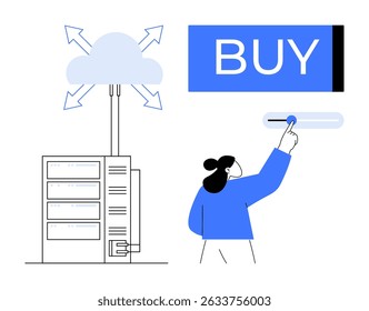 Figura humana pressionando um grande botão azul COMPRAR simbolizando compras online e e-commerce, e um servidor conectado a uma nuvem indicando armazenamento em nuvem. Ideal para comércio eletrônico, serviços em nuvem e tecnologia