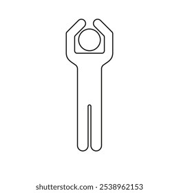 Human Figure with Raised Arms Line Icon. Simple Body Outline Symbol. Standing Person Stick with Hands Overhead. Editable Stroke. Isolated Vector Illustration.