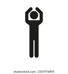 Human Figure with Raised Arms Silhouette Icon. Simple Body Glyph Symbol. Standing Person Stick with Hands Overhead. Isolated Vector Illustration.