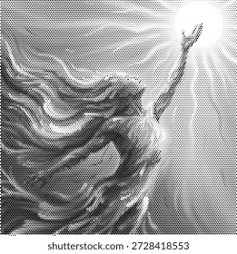 Figura humana alcançando a luz em estilo de meio-tom, simbolizando o despertar espiritual, esperança mental e crescimento pessoal.