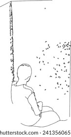 human figure sitting at a doorway or portal looking outside 