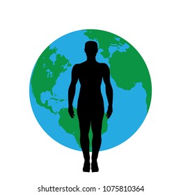 Human Figure Standing Front Of Planet Earth. logo