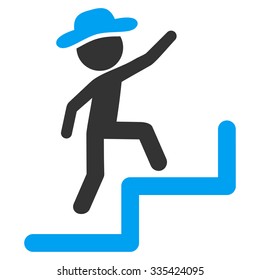 Human Figure Steps Upstairs vector icon. Style is bicolor flat symbol, blue and gray colors, rounded angles, white background.