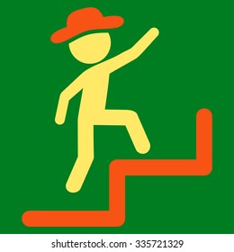 Human Figure Steps Upstairs vector icon. Style is bicolor flat symbol, orange and yellow colors, rounded angles, green background.