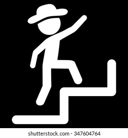 Human Figure Steps Upstairs vector icon. Style is flat symbol, white color, rounded angles, black background.