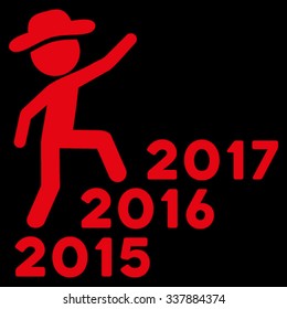 Human Figure Steps Years vector icon. Style is flat symbol, red color, rounded angles, black background.