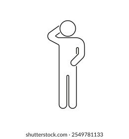 Human Figure in Thinking Pose Line Icon. Contemplative Gesture Outline Symbol. Thoughtful Stick Figure with Hand on Head. Editable Stroke. Isolated Vector Illustration.