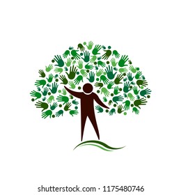 Human Figure Tree with Hands Network Vector logo