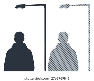 Human figure under outdoor lighting, night scene concept, urban lonely man silhouette.