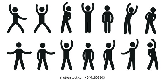  A human figure with various poses and gestures, a set of pictographs. A pictogram of a human silhouette waving its arms. Icons of people isolated on a white background, flat vector illustration