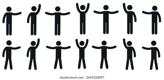 
A human figure with various poses and gestures, a set of icons. An icon of a human silhouette waving its arms. Highlighted on a white background.