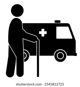 Human figure with walking stick and ambulance, illustration on white background