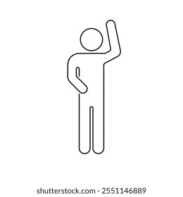 Human Figure Waving Hand Line Icon. Stick Figure with Greeting Gesture Outline Symbol. Person in Waving Pose. Editable Stroke. Isolated Vector Illustration.