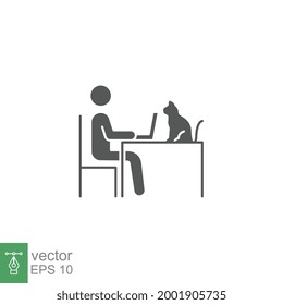 Human figure work on laptop with cat on table. graphic designer lifestyle. Freelance working from home office. solid pictogram. Glyph style. vector illustration. Design on white background. EPS 10