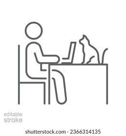 Human figure work on laptop with cat on table. Desainer graphic lifestyle. Freelance working from home office. line pictogram. Editable stroke vector illustration. Design on white background. EPS 10