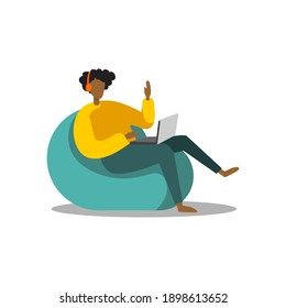 human figure work on white background with earphone and notebook sitting on chair for wallpaper with yellow human cloth